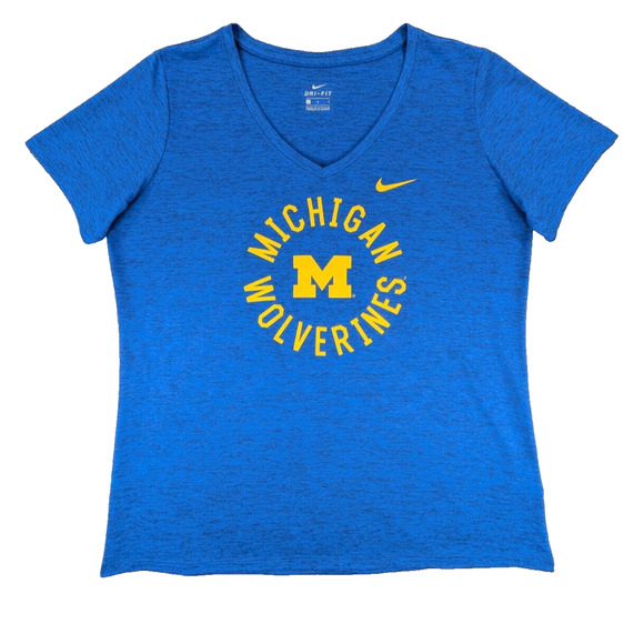 Michigan Wolverines T-Shirt Large Women's Nike Dri-Fit V-Neck Blue 100% Poly - Picture 1 of 7